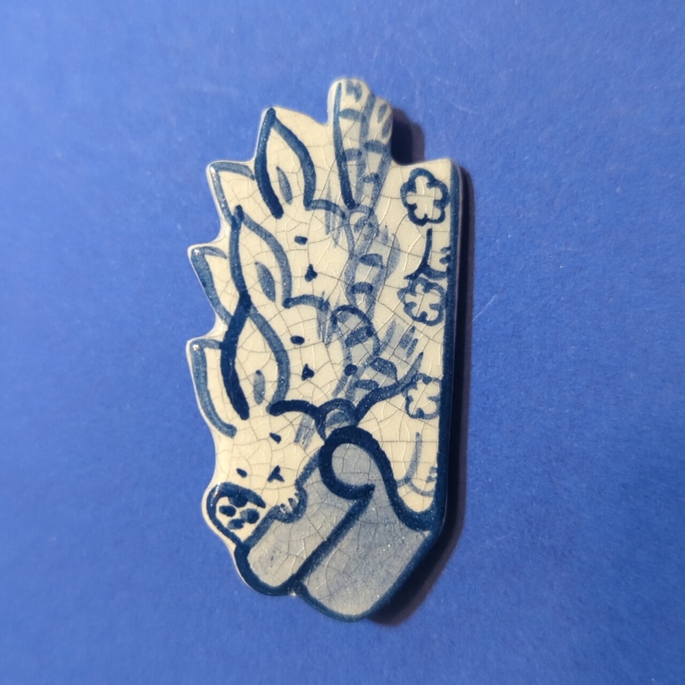 Vintage Sledding Bunny Rabbit Ceramic Brooch Pin